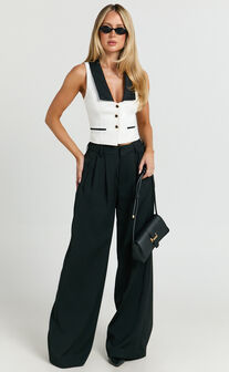 Laurel Top - Contrast Shawl Collar Button Down Vest Top in Off White & Black