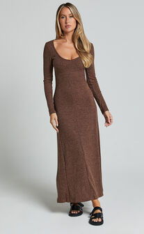 Lydia Midi Dress - V Neck Long Sleeve Knitted Dress in Chocolate