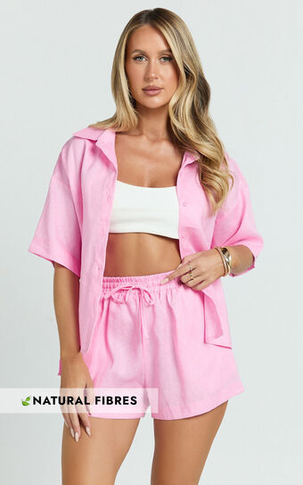 Ramona Top - Linen Short Sleeve Shirt in Pink