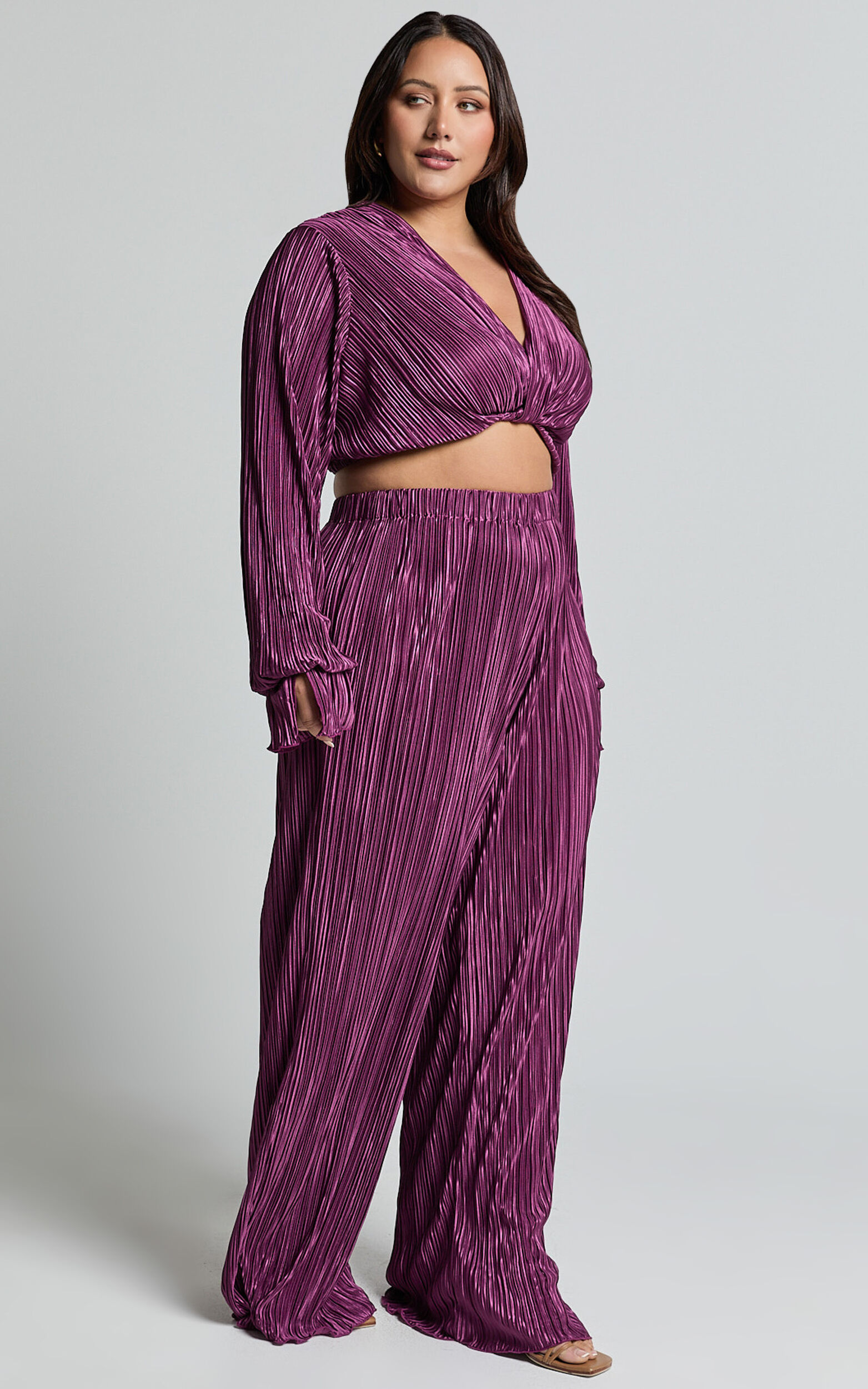 Aluna Two Piece Set - Plisse Twist Front Crop Top and Wide Leg Pants ...