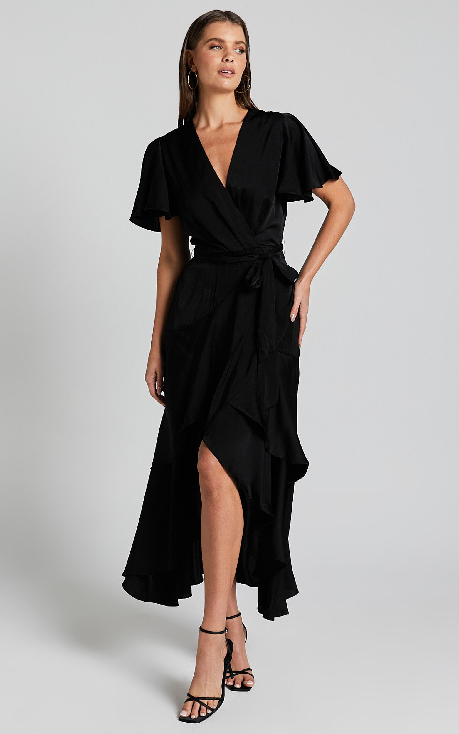 Glena Midi Dress - V Neck Short Flutter Sleeve Wrap in Black | Showpo USA