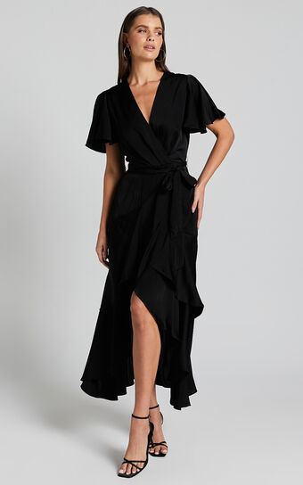 Glena Midi Dress - V Neck Short Flutter Sleeve Wrap in Black