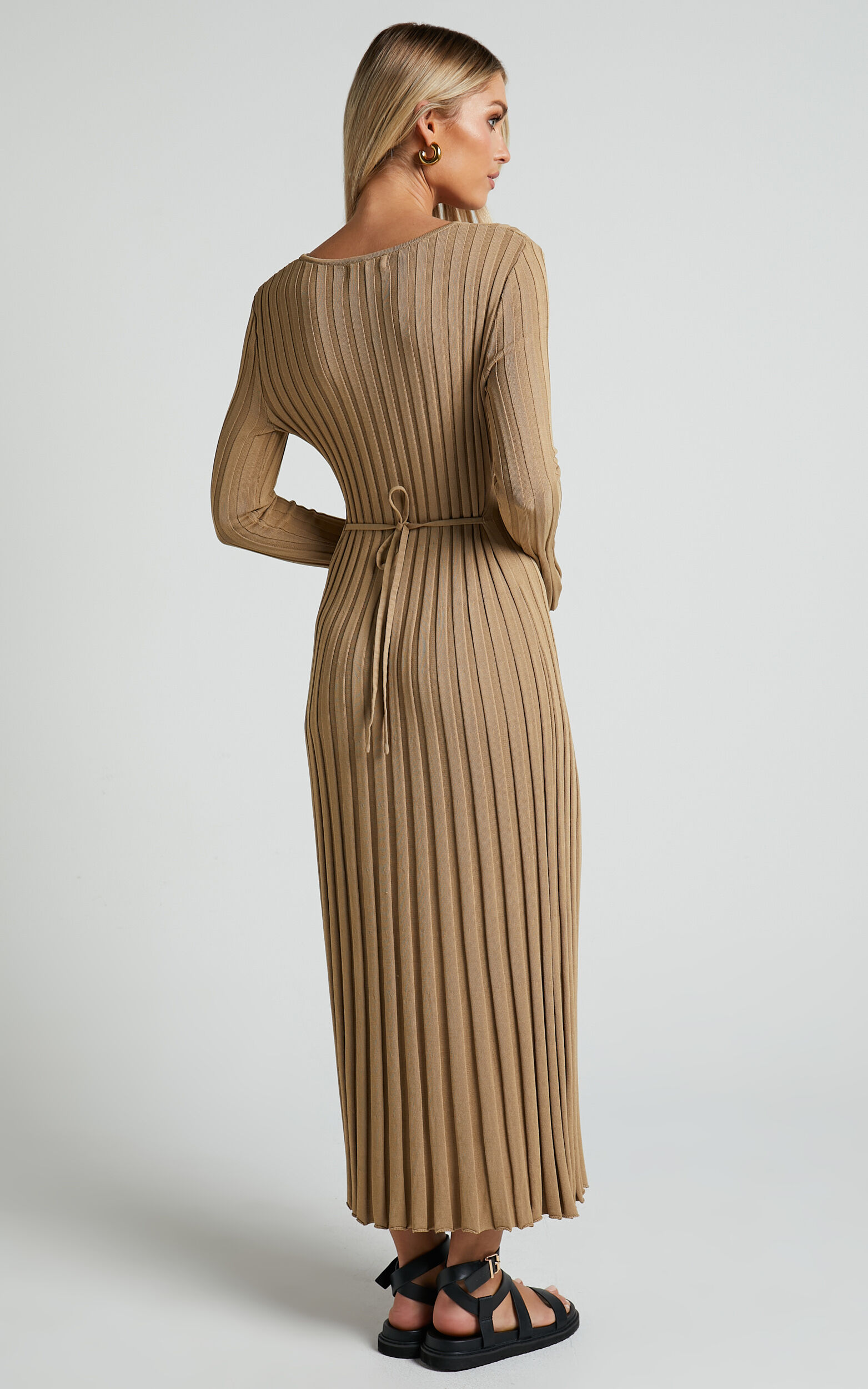Blaire Midi Dress - Long Sleeve Tie Back Flare Dress in Roasted Cashew | Showpo