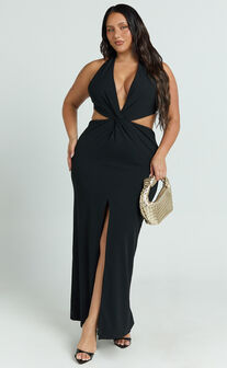 Rose Maxi Dress - Plunge Halter Front Split Dress in Black