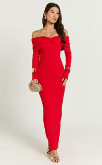 Rani Maxi Dress - Off Shoulder Long Sleeve Bodycon Dress in Red