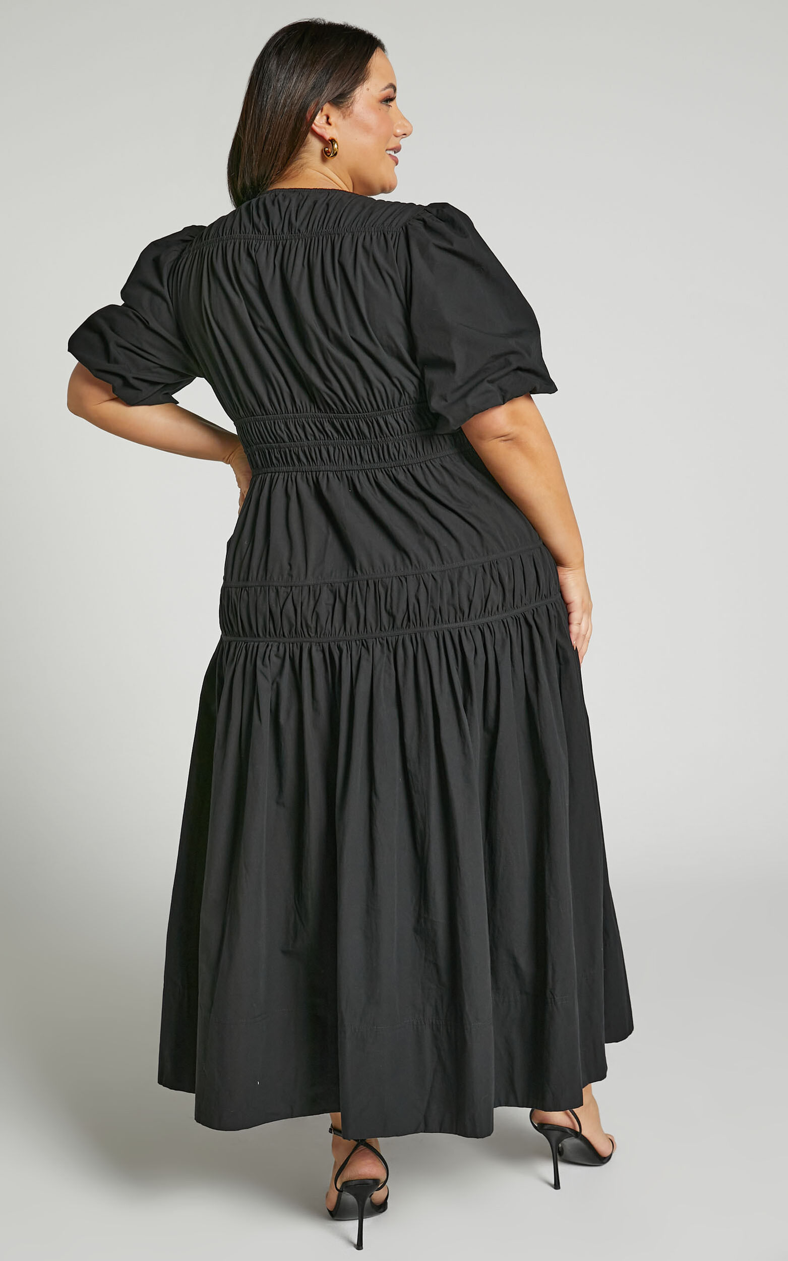 Mellie Midi Dress - Puff Sleeve Plunge Tiered Dress in Black | Showpo NZ