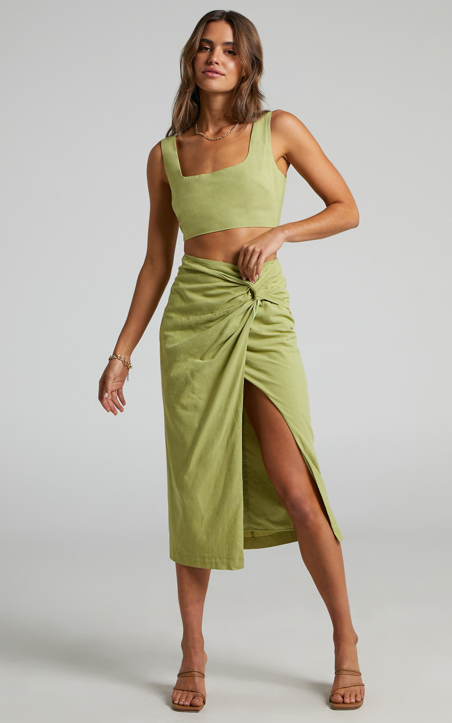 Gibson Two Piece Set Linen Look Crop Top and Knot Front Midi Skirt Set in Celery