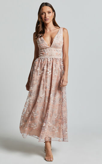 Seychelles Midi Dress - Plunge Embroidery 3d Floral Lace Dress in Light Pink