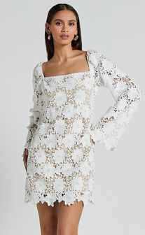 Cassie Mini Dress - Straight Neck Long Flared Sleeve Tie Back Lace Dress in White