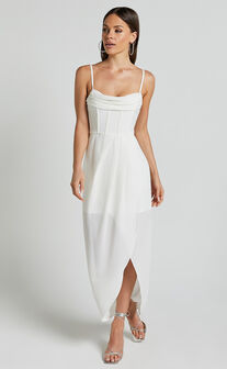 Andrina Midi Dress - High Low Wrap Corset Dress in White