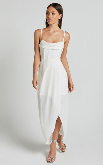 Andrina Midi Dress - High Low Wrap Corset Dress in White Showpo