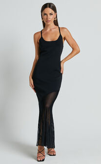 Chelly Midi Dress - Knitted Asymmetric Sheer Hem panel Dress in Black
