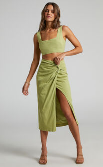 Gibson Two Piece Top and Skirt Set - Linen Crop Top and Knot Front Midi Skirt Set in Celery
