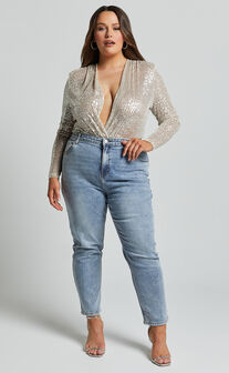 Alora Bodysuit - Sequin Wrap Front Long Sleeve Bodysuit in Silver