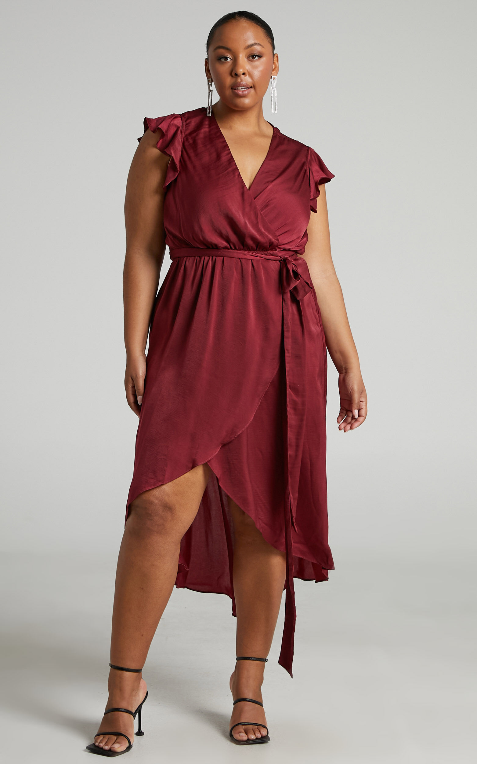 Burgundy wrap midi dress top