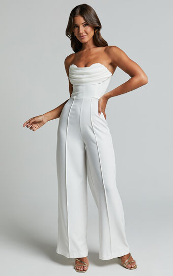 Stacey Jumpsuit - Strapless Cowl Wide Leg Jumpsuit in Off White Showpo