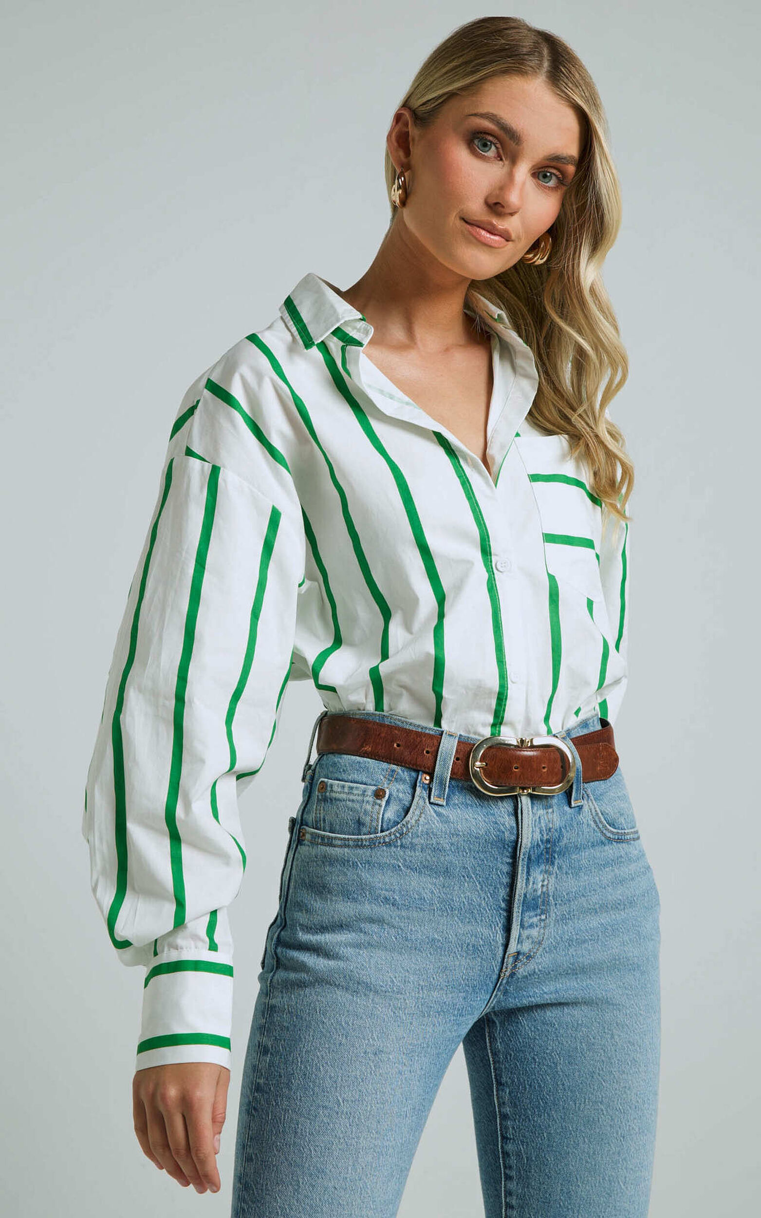 Jaycey Shirt - Long Sleeve Pocket Detail Shirt in WHITE AND GREEN STRIPE - 04, WHT1