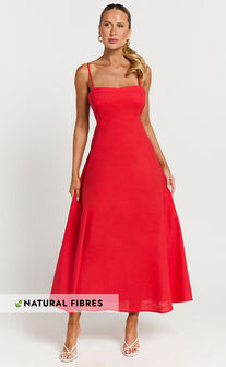 Brette Midi Dress - Linen Straight Neck Strappy Fit And Flare Dress in Red