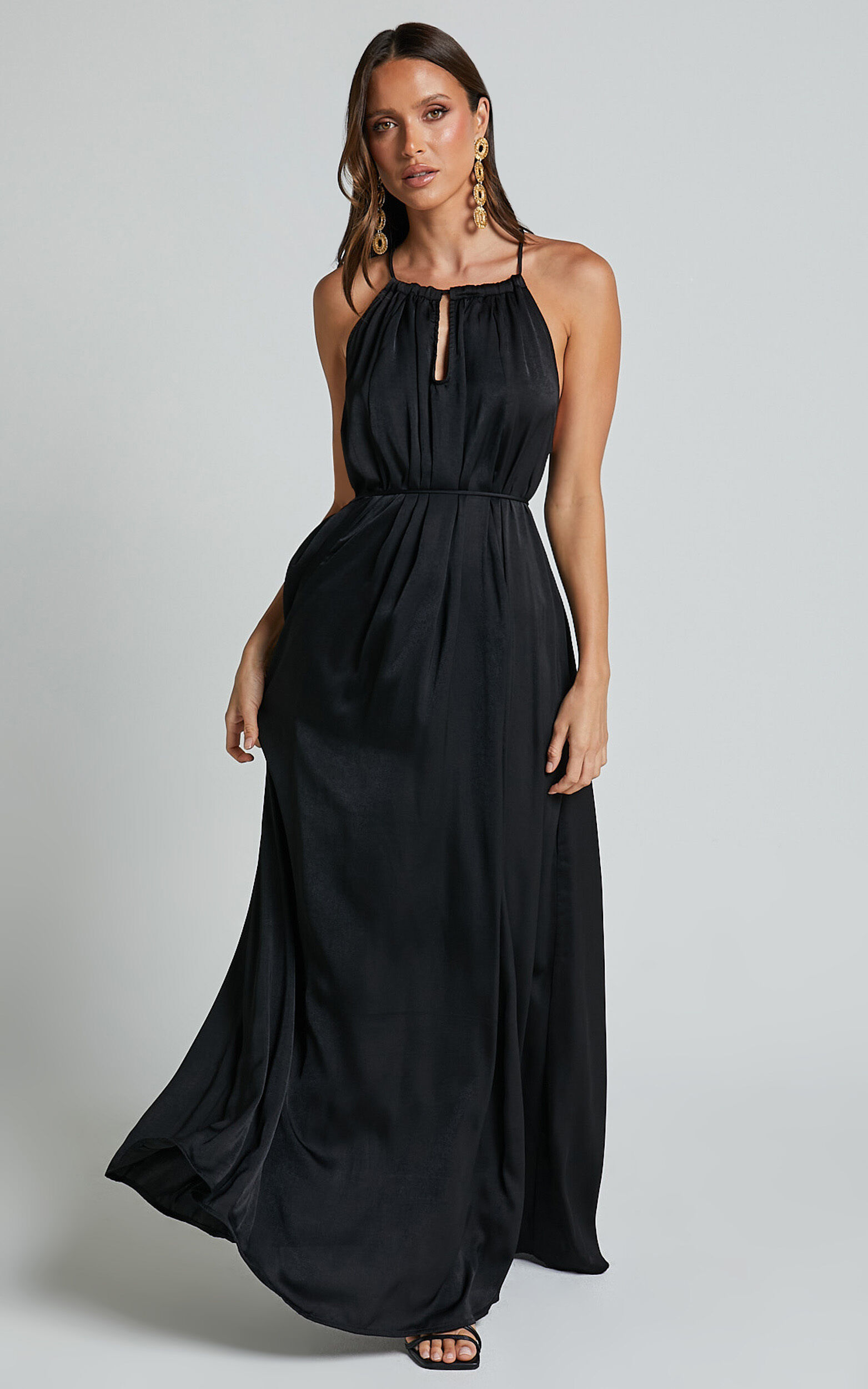 Aliciana Maxi Dress Halter Neck Tie Back Dress in Black Showpo USA