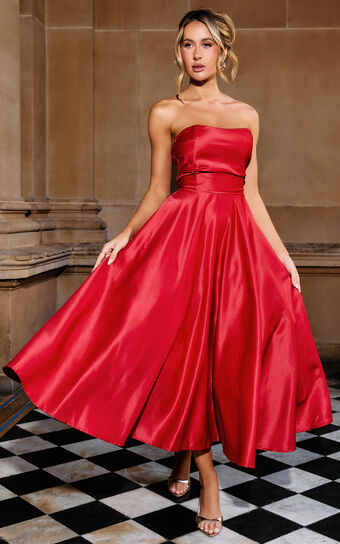 Helaina Midi Dress - Strapless A-Line Satin Dress in Red