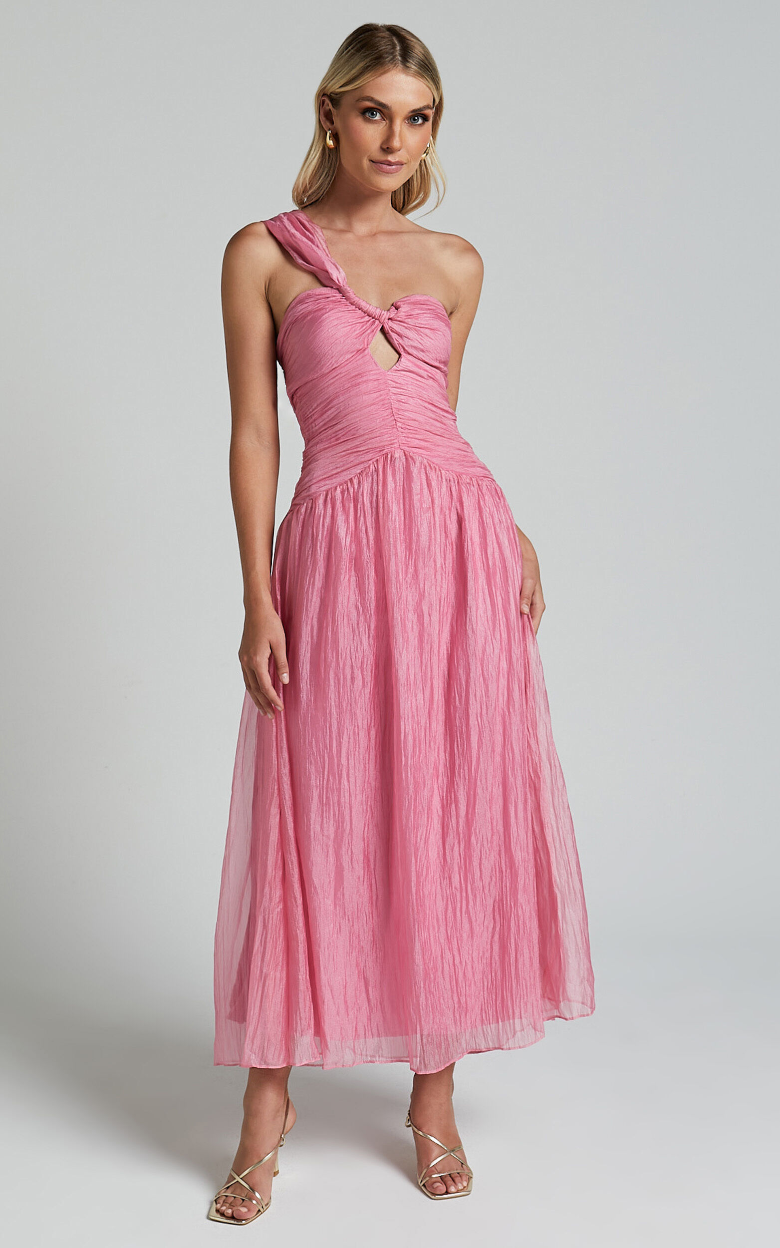 Janeilla Midi Dress - One Shoulder Cut Out Front Ruched Fit and Flare Dress in Pink - 06, PNK1