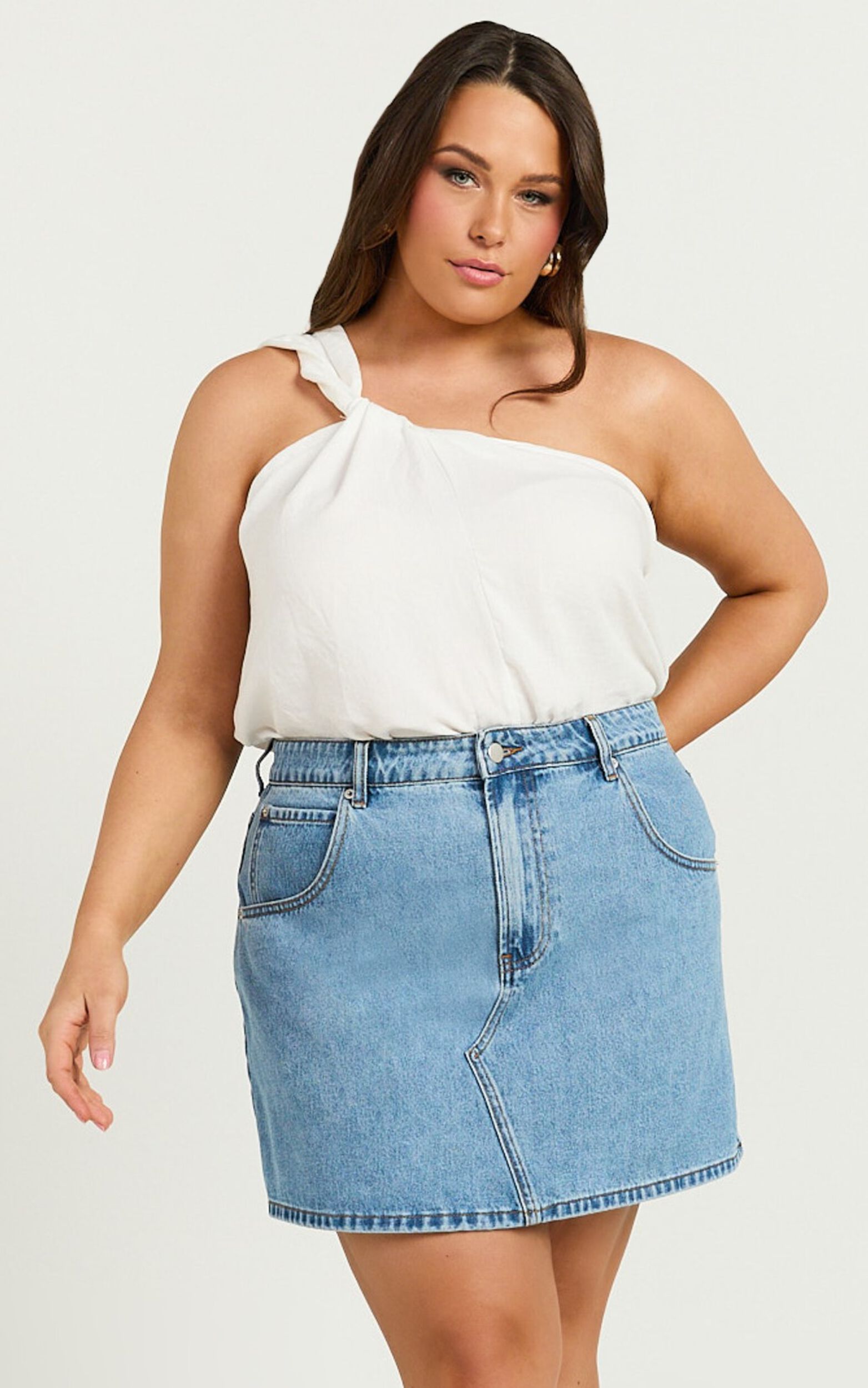 Jaden Mini Skirt High Waisted Recycled Denim Mini Skirt in Mid Blue Wash Showpo