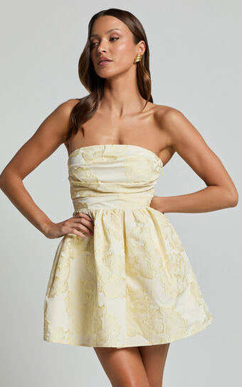 Laure Mini Dress - Strapless Jacquard Dress in Lemon