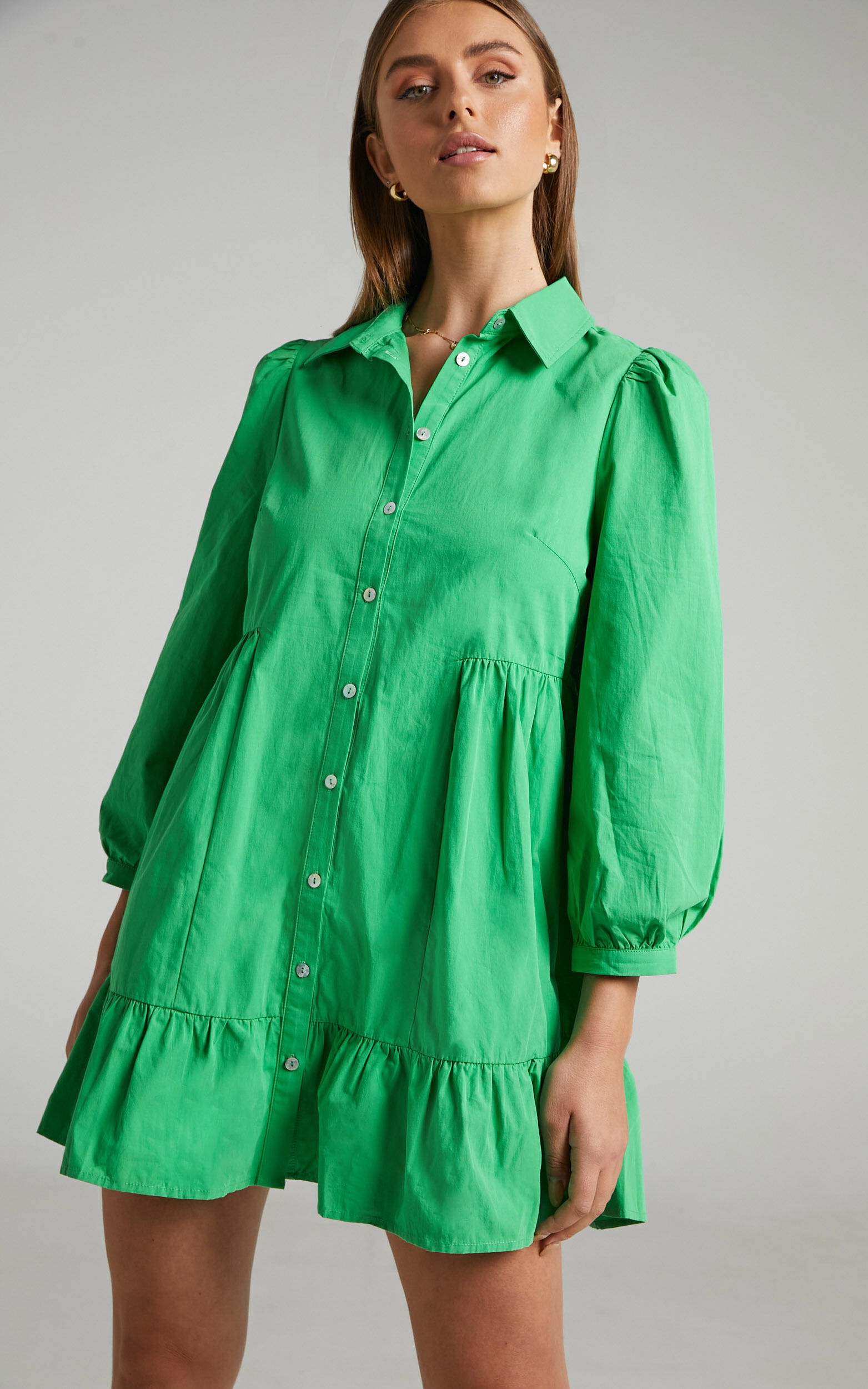 Maulee Mini Dress Frill Hem Shirt Dress in Green