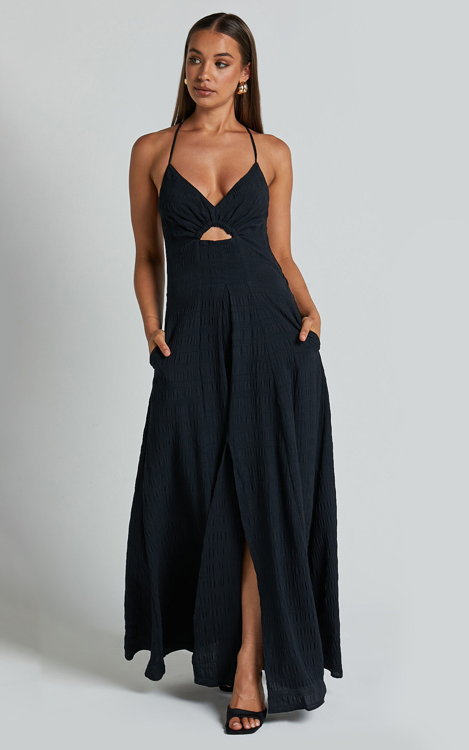 Black cross back high neck 2025 maxi dress
