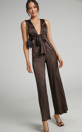 Meia Tie Front Jumpsuit in Chocolate Satin