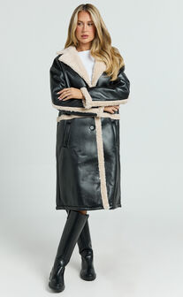 Jan Coat - Longline Faux Shearling Aviator Coat in Black