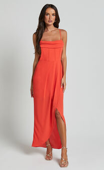 Andrina Midi Dress - High Low Wrap Corset Dress in Orange