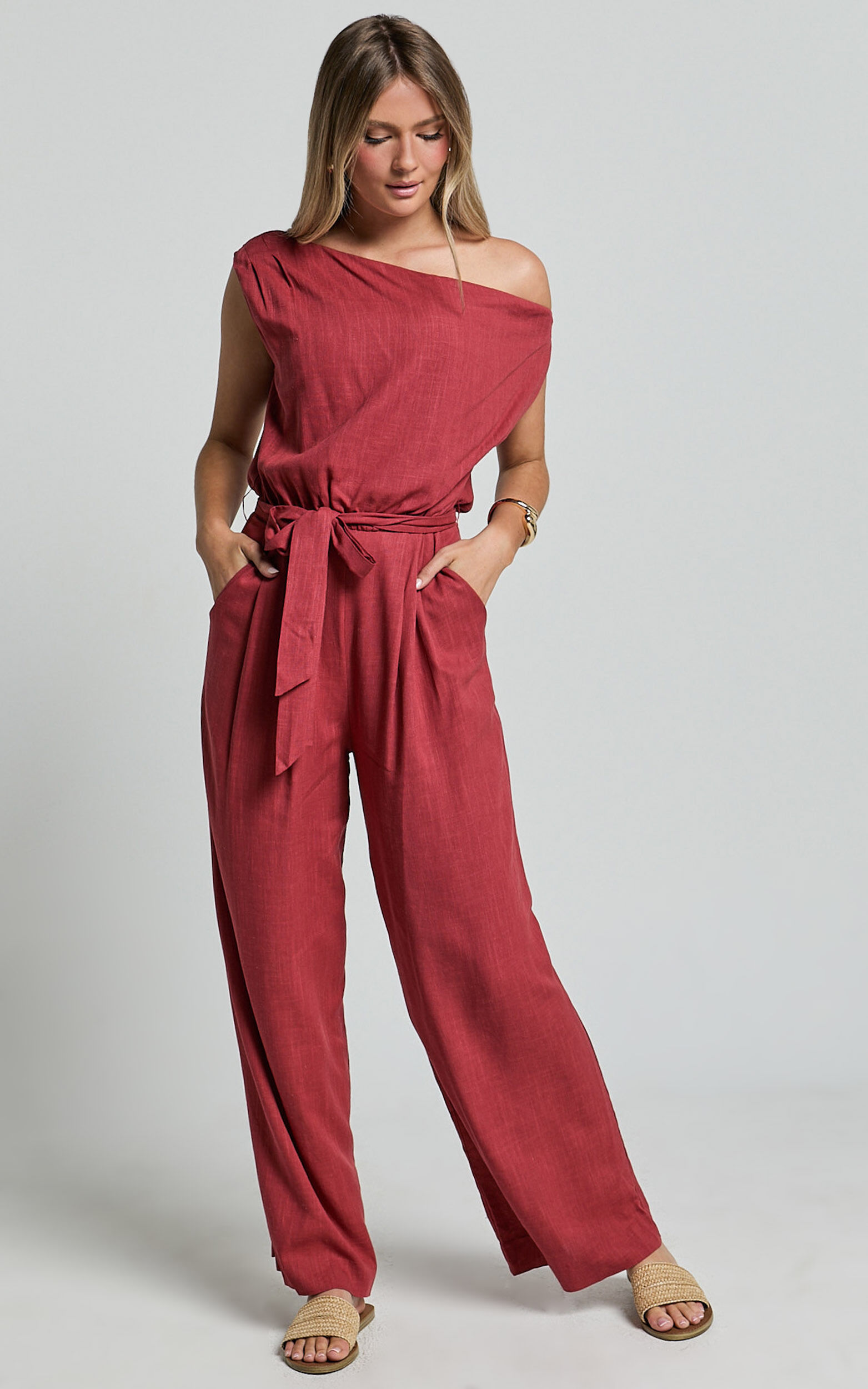 Adria Jumpsuit - Asymmetrical Short Sleeve Linen Jumpsuit in Clay ...