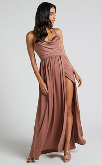 Gemalyn Maxi Dress - Cowl Neck Thigh Split Dress in Dusty Rose