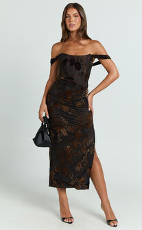 Karlene Midi Dress - Ruched Corset Burnout Dress in Black and Brown