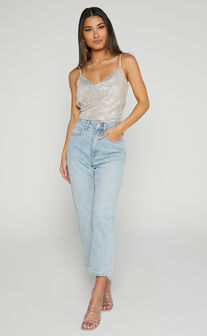 Thea Top - Sequin Cowl Neck Top in Silver