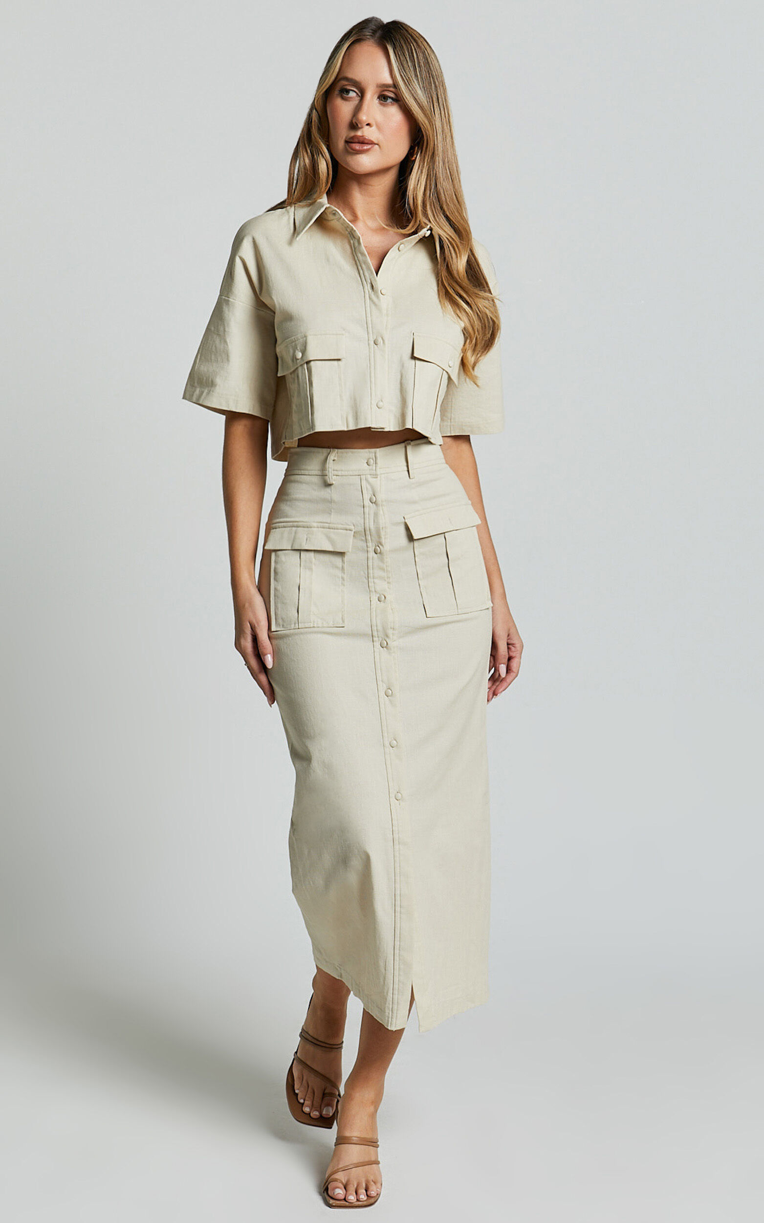 Davina Two Piece Set - Button Front Top and Midi Skirt Set in Sand - 06, BRN1