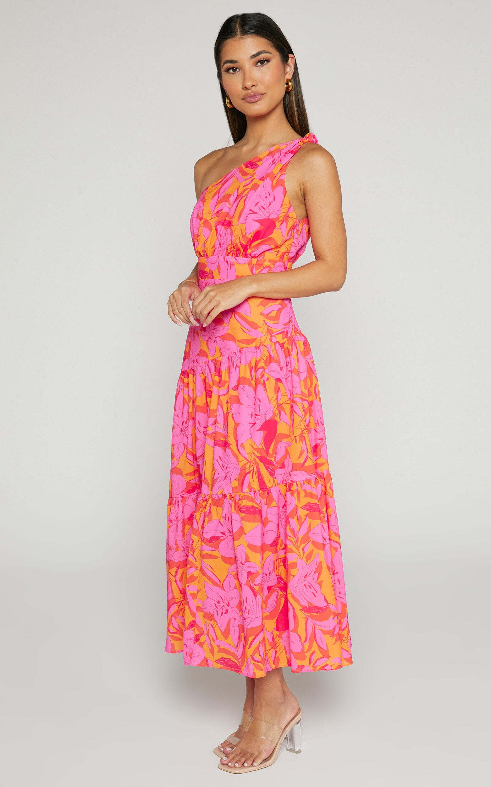 Georgine Midi Dress One Shoulder Ruched Tiered Dress in PINK AND ORANGE Showpo