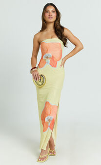 Aretta Maxi Dress - Strapless Fitted Placement Mesh Print Dress in Orchid Print