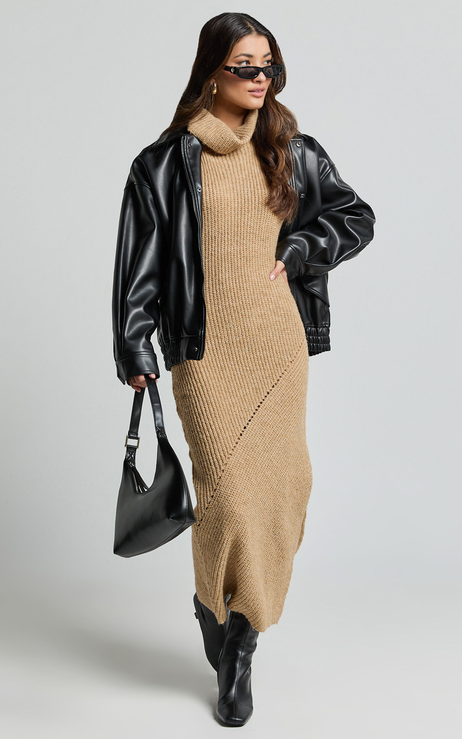 Alaina Midi Dress Recycled Polyester Knitted Roll Neck Dress in Caramel Showpo USA
