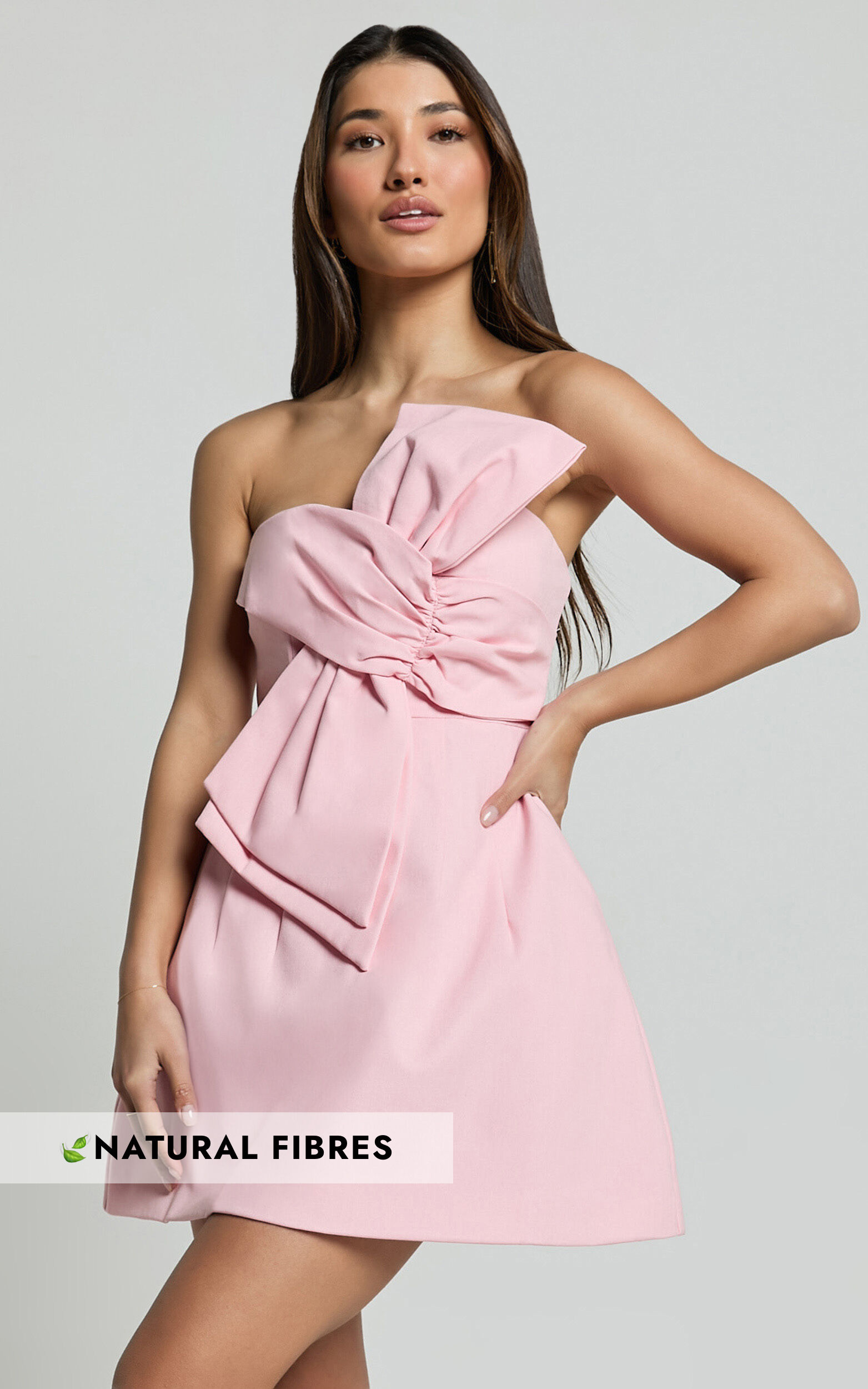 Chika Mini Dress - Linen Strapless Front Bow Dress in Soft Pink - 06, PNK3