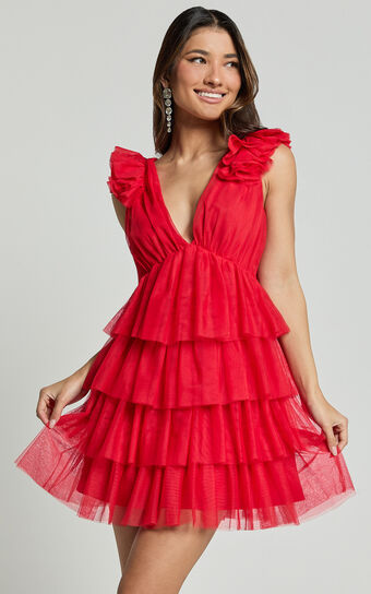 Hayden Mini Dress - Low Back Tulle Tiered Dress in Red