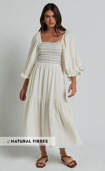 Bellenie Midi Dress - 3/4 Puff Sleeve Square Neck Smock Bodice Tiered Dress in Natural