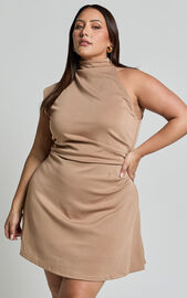 Rubie Mini Dress - High Neck Asymmetrical One Shoulder Dress in Mocha ...