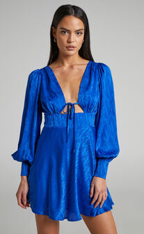 Posie Mini Dress - High Neck Drape Detail Dress in Steel Blue