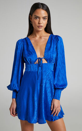 Vivette Mini Dress - Tie Back Long Sleeve Plunge Neck Dress in Blue