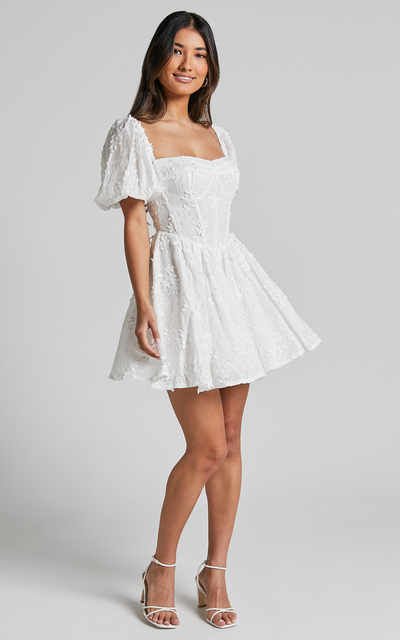 Esthela Mini Dress Embroidered Square Neck Short Puff Sleeve Corset in White Floral Showpo USA
