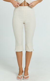 Susannah Pants - Pinstripe Fitted Split Leg Capri Pants in Cream