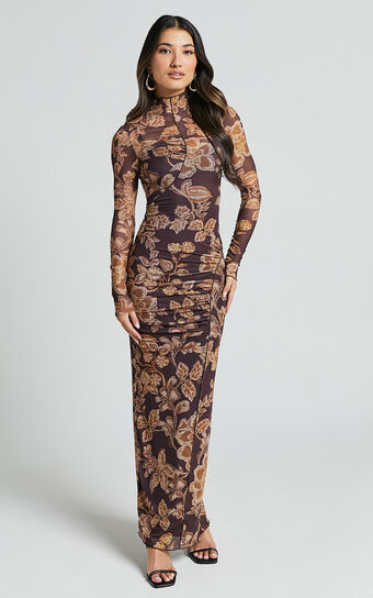 Vivian Midi Dress - High Neck Long Sleeve Mesh Dress in Amber Bloom Print Showpo