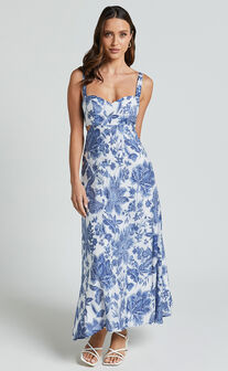Jackleyn Midi Dress - Sweetheart A Line Dress in Blue Floral